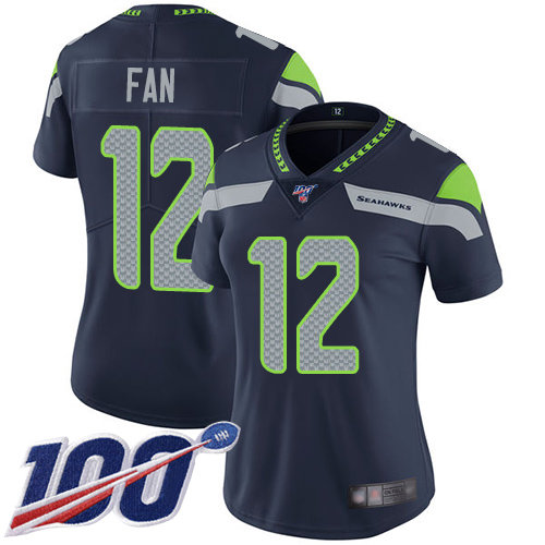 Nike Seahawks #12 Fan Steel Blue Team Color Women's Stitched NFL 100th Season Vapor Limited Jersey