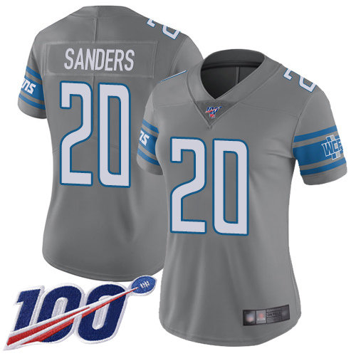 Nike Lions #20 Barry Sanders Gray Women's Stitched NFL Limited Rush 100th Season Jersey