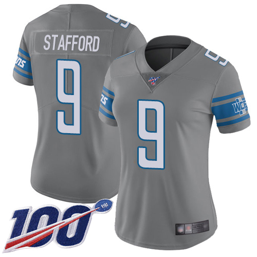 Nike Lions #9 Matthew Stafford Gray Women's Stitched NFL Limited Rush 100th Season Jersey