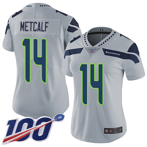 Seahawks #14 D.K. Metcalf Grey Alternate Women's Stitched Football 100th Season Vapor Limited Jersey