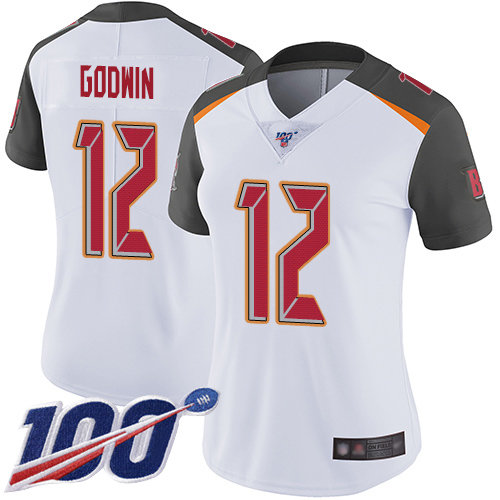 Buccaneers #12 Chris Godwin White Women's Stitched Football 100th Season Vapor Limited Jersey