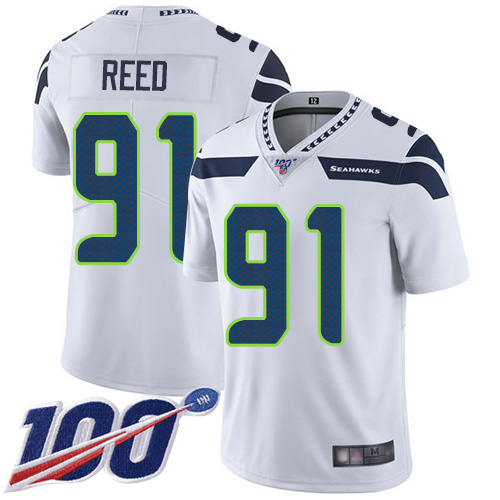 Seahawks #91 Jarran Reed White Men's Stitched Football 100th Season Vapor Limited Jersey