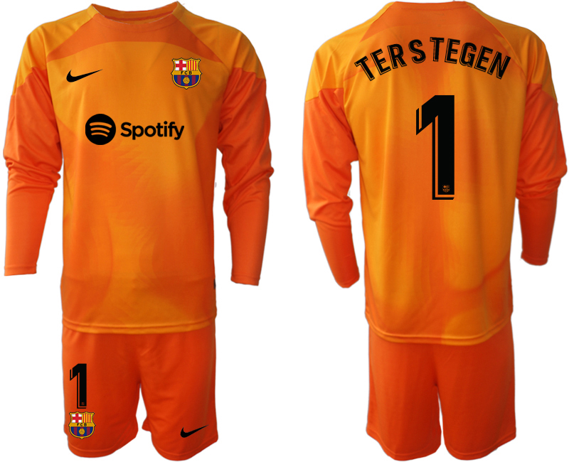 2022-2023 Barcelona 1 TER STEGEN Orange red goalkeeper long sleeve jerseys Suit