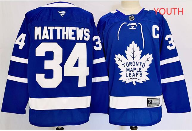 Youth Toronto Maple Leafs #34 Auston Matthews With C Patch Blue Home 2024-25 Home Stitched NHL fanatics Jersey