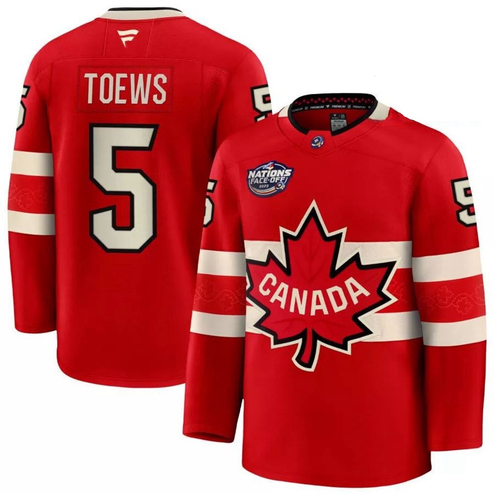 Men's Devon Toews #5 Canada Fanatics Red 2025 4 Nations Face-Off PremiumPlayer Jersey