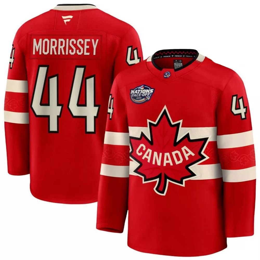 Men's Josh Morrissey #44 Canada Fanatics Red 2025 4 Nations Face-Off PremiumPlayer Jersey