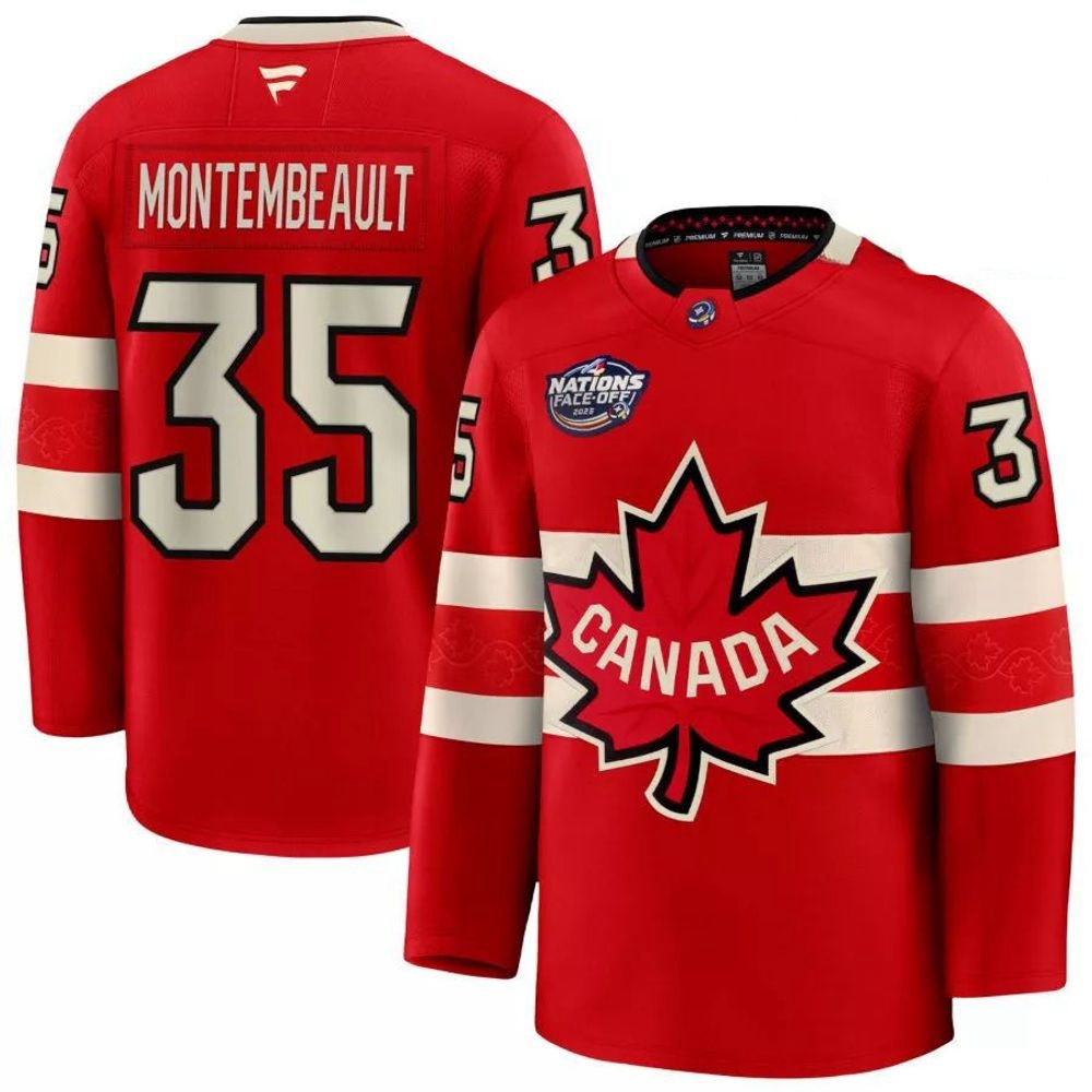 Men's Sam Montembeault #35 Canada Fanatics Red 2025 4 Nations Face-Off PremiumPlayer Jersey