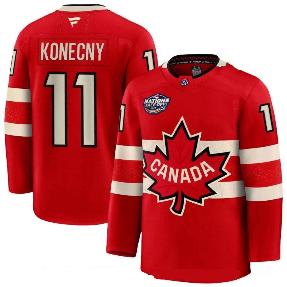 Men's Travis Konecny #11 Canada Fanatics Red 2025 4 Nations Face-Off PremiumPlayer Jersey