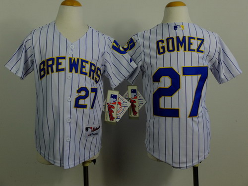 Milwaukee Brewers #27 Carlos Gomez White Pinstripe Kids Jersey