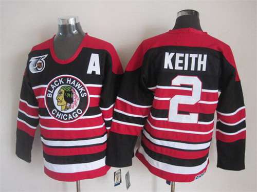 Chicago Blackhawks #2 Duncan Keith Black Pinstripe 75TH CCM Vintage Throwback Jersey