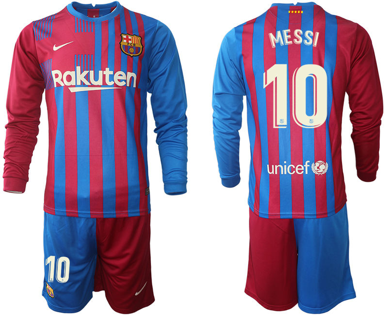 Men 2021-2022 Club Barcelona home red blue Long Sleeve 10 MESSI Nike Soccer Jerseys