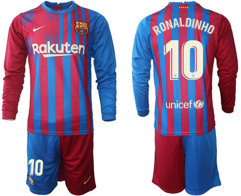 Men 2021-2022 Club Barcelona home red blue Long Sleeve 10 RONALDINHO Nike Soccer Jersey