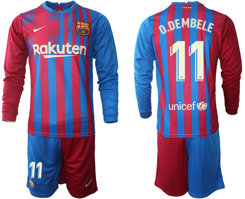 Men 2021-2022 Club Barcelona home red blue Long Sleeve 11 O.DEMBELE Nike Soccer Jersey