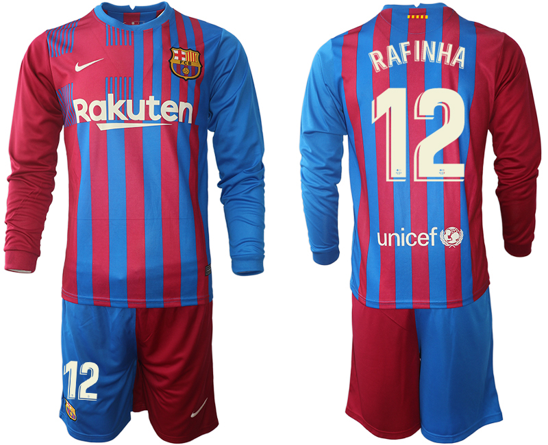 Men 2021-2022 Club Barcelona home red blue Long Sleeve 12 RAFINHA Nike Soccer Jersey