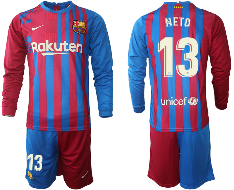 Men 2021-2022 Club Barcelona home red blue Long Sleeve 13 NETO Nike Soccer Jersey