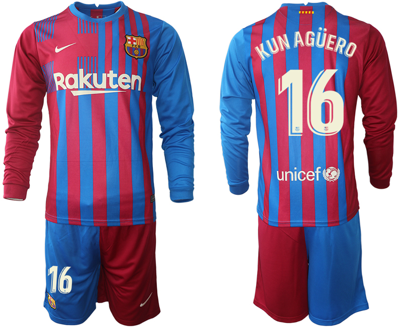 Men 2021-2022 Club Barcelona home red blue Long Sleeve 16 KUN AGUERO Nike Soccer Jersey