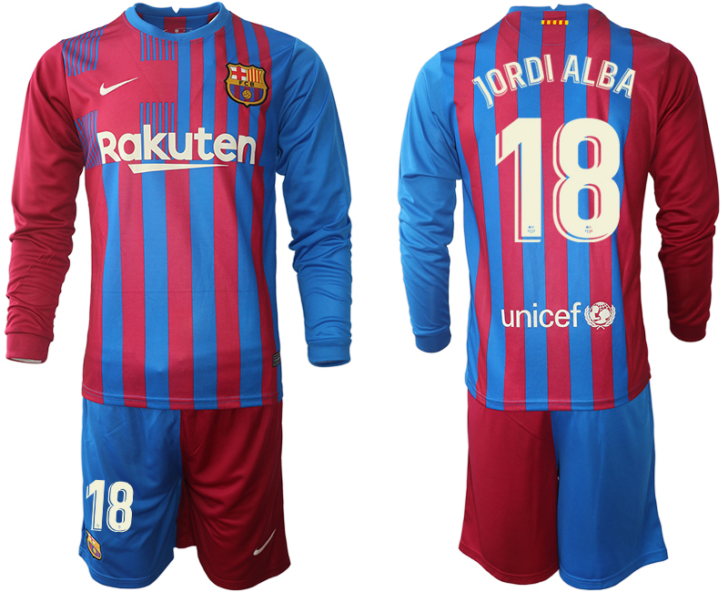 Men 2021-2022 Club Barcelona home red blue Long Sleeve 18 JORDI ALBA Nike Soccer Jersey