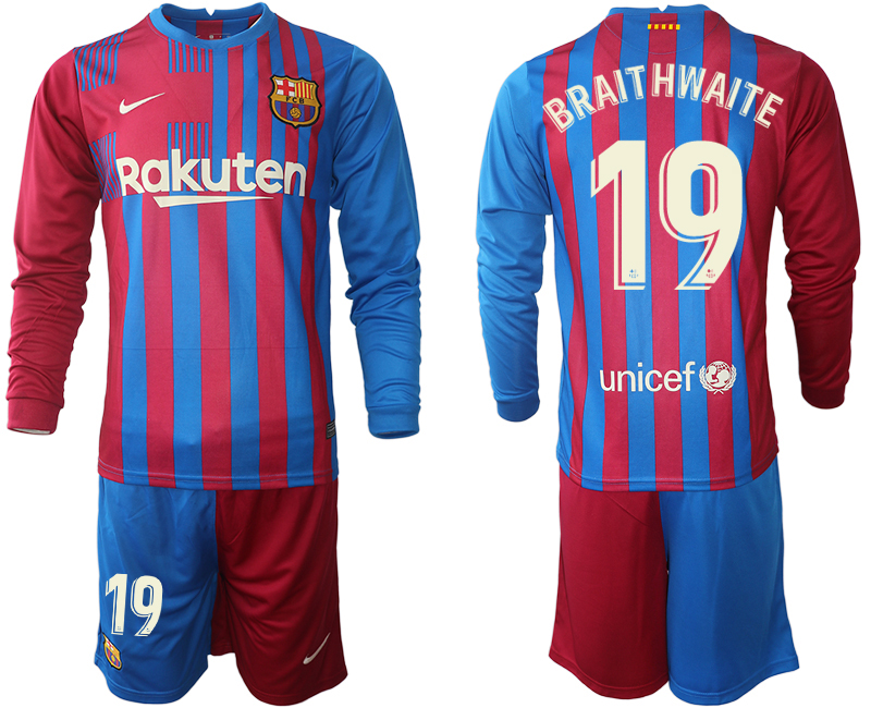 Men 2021-2022 Club Barcelona home red blue Long Sleeve 19 BRAITHWAITE Nike Soccer Jersey