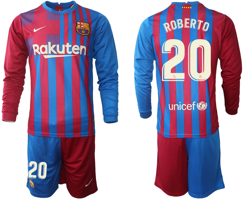 Men 2021-2022 Club Barcelona home red blue Long Sleeve 20 ROBERTO Nike Soccer Jersey