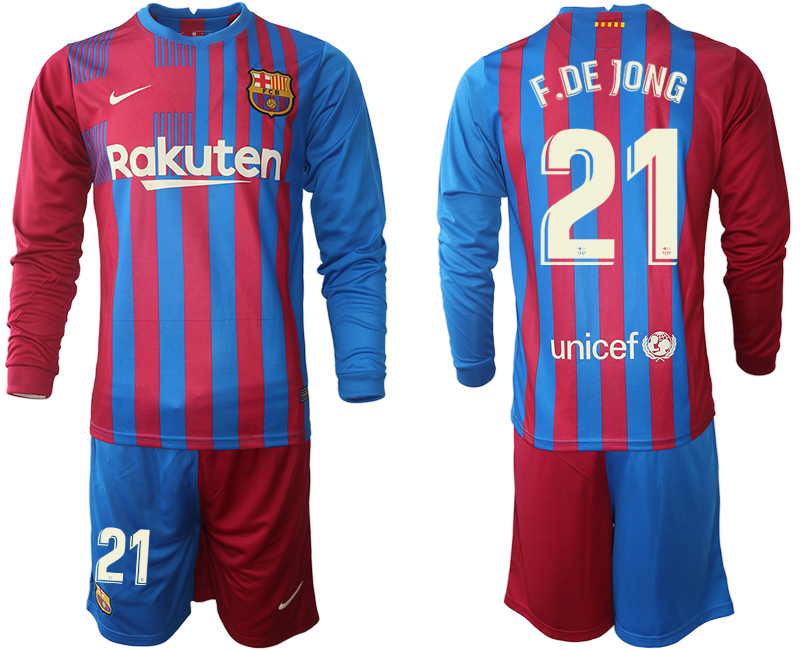 Men 2021-2022 Club Barcelona home red blue Long Sleeve 21 F.DE JONG Nike Soccer Jersey