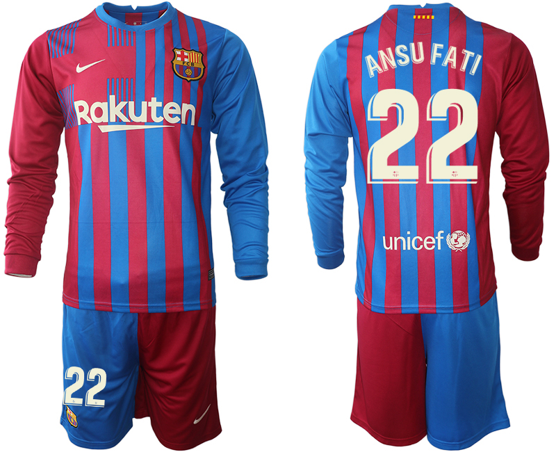 Men 2021-2022 Club Barcelona home red blue Long Sleeve 22 ANSU FATI Nike Soccer Jersey