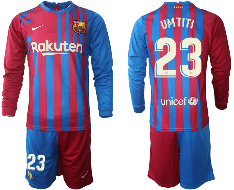 Men 2021-2022 Club Barcelona home red blue Long Sleeve 23 UMTITI Nike Soccer Jersey