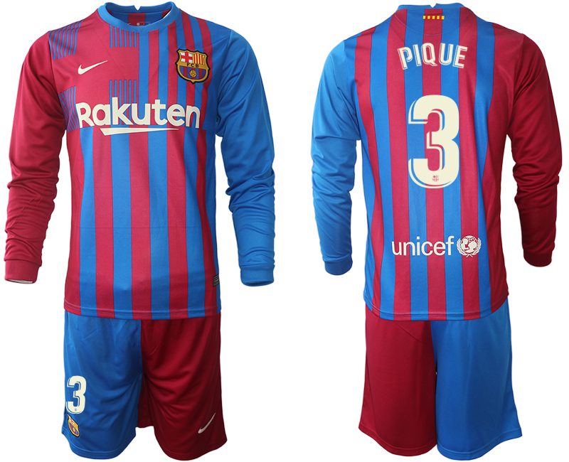 Men 2021-2022 Club Barcelona home red blue Long Sleeve 3 PIQUE Nike Soccer Jersey