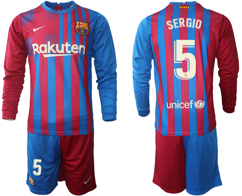 Men 2021-2022 Club Barcelona home red blue Long Sleeve 5 SERGIO Nike Soccer Jersey