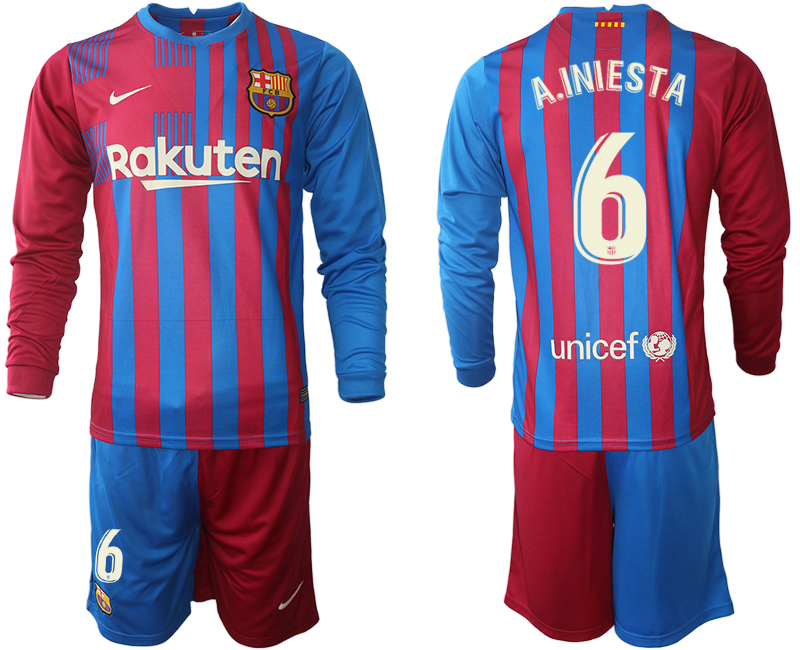 Men 2021-2022 Club Barcelona home red blue Long Sleeve 6 A.INIESTA Nike Soccer Jersey