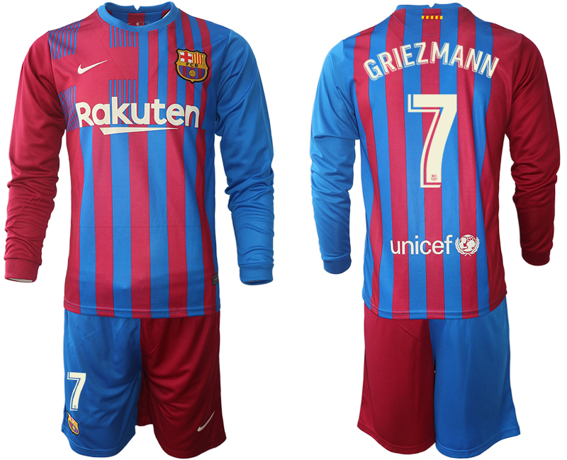 Men 2021-2022 Club Barcelona home red blue Long Sleeve 7 GRIEZMANN Nike Soccer Jersey