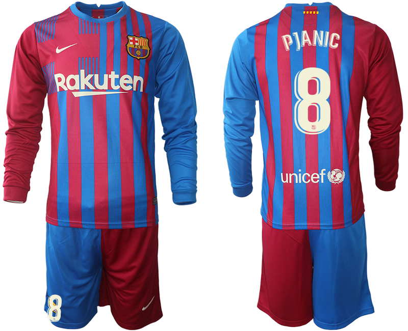 Men 2021-2022 Club Barcelona home red blue Long Sleeve 8 PJANIC Nike Soccer Jersey