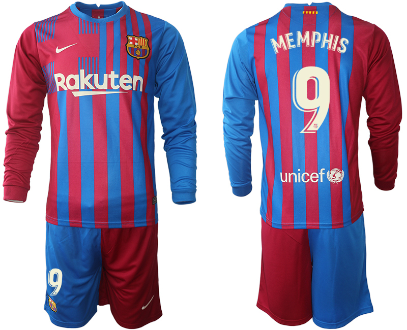 Men 2021-2022 Club Barcelona home red blue Long Sleeve 9 MEMPHIS Nike Soccer Jerseys