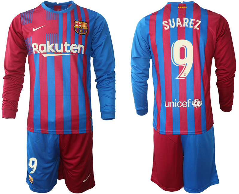 Men 2021-2022 Club Barcelona home red blue Long Sleeve 9 SUAREZ Nike Soccer Jersey