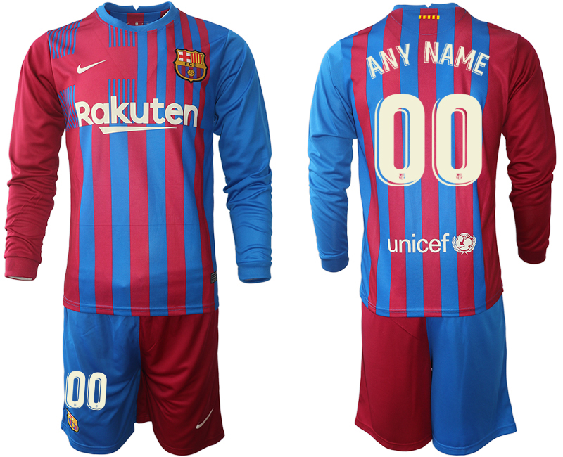 Men 2021-2022 Club Barcelona home red blue Long Sleeve customized Nike Soccer Jersey