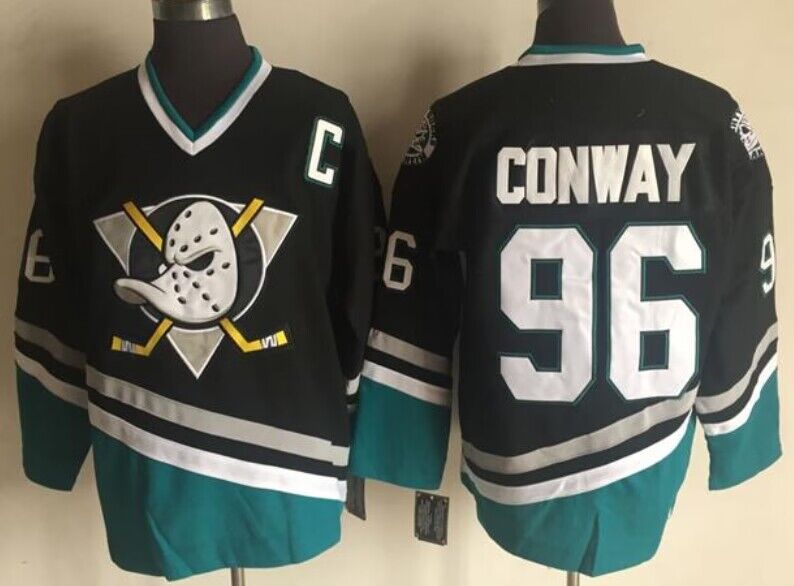 Men's Anaheim Ducks #96 Charlie Conway Mighty Ducks Movie Black Green Ice Hockey Jerseys