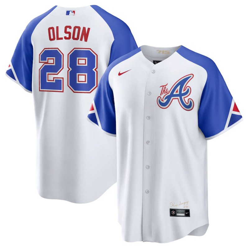 Men's Atlanta Braves #28 Matt Olson White 2023 City Connect Cool Base Stitched Baseball Jersey