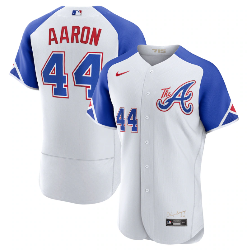 Men's Atlanta Braves #44 Hank Aaron White 2023 City Connect Flex Base Stitched Jersey