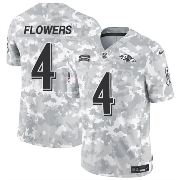 Men's Baltimore Ravens #4 Zay Flowers 2024 F.U.S.E. Arctic Camo Salute to Service Limited Football Stitched Jersey