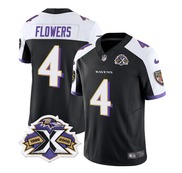 Men's Baltimore Ravens #4 Zay Flowers Black White 2023 F.U.S.E With Patch Throwback Vapor Limited Stitched Jersey