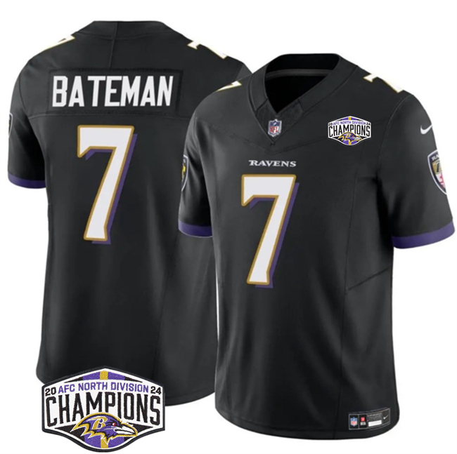 Men's Baltimore Ravens #7 Rashod Bateman Black F.U.S.E 2024 AFC North Division Champions Vapor Limited Football Jersey