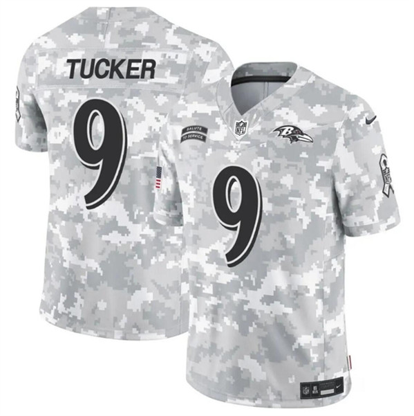 Men's Baltimore Ravens #9 Justin Tucker 2024 F.U.S.E. Arctic Camo Salute to Service Limited Football Stitched Jersey