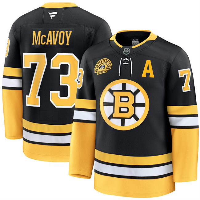 Men's Boston Bruins #73 Charlie McAvoy Black 100th Anniversary With Patch Stitched Hockey Jersey