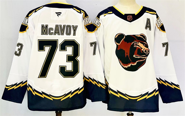 Men's Boston Bruins #73 Charlie McAvoy White 2024-25 With A Patch Reverse Retro Home Stitched Hockey Jersey