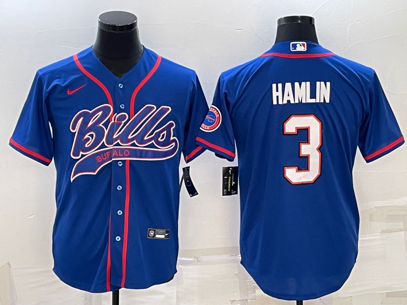 Men's Buffalo Bills #3 Damar Hamlin Blue With Patch Cool Base Stitched Baseball Jersey