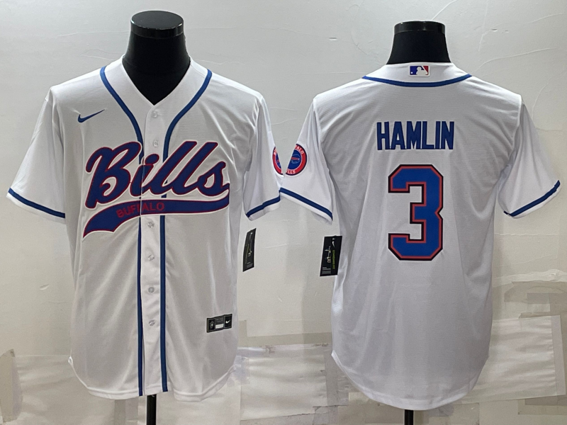 Men's Buffalo Bills #3 Damar Hamlin White With Patch Cool Base Stitched Baseball Jersey