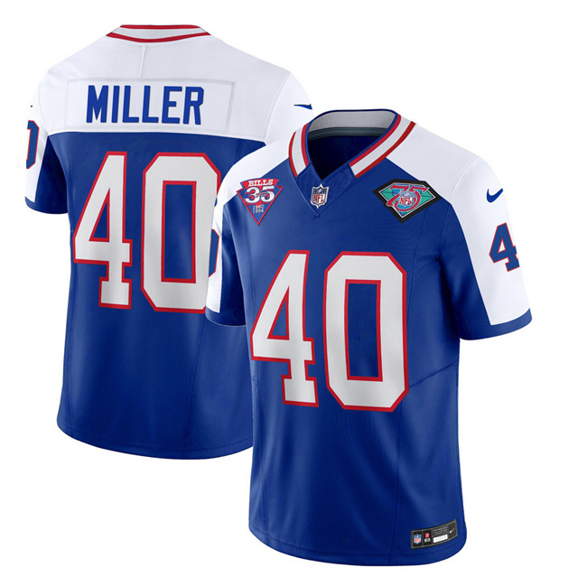 Men's Buffalo Bills #40 Von Miller Blue White 2023 F.U.S.E. 75th Anniversary Throwback Vapor Untouchable Limited Football Stitched Jersey