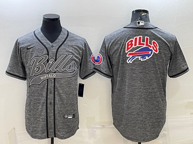 Men's Buffalo Bills Grey Team Big Logo With Patch Cool Base Stitched Baseball Jersey