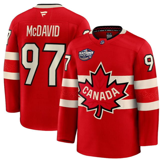 Men's Canada #97 Connor McDavid Red 2025 4 Nations Face-Off Premium Stitched Jersey