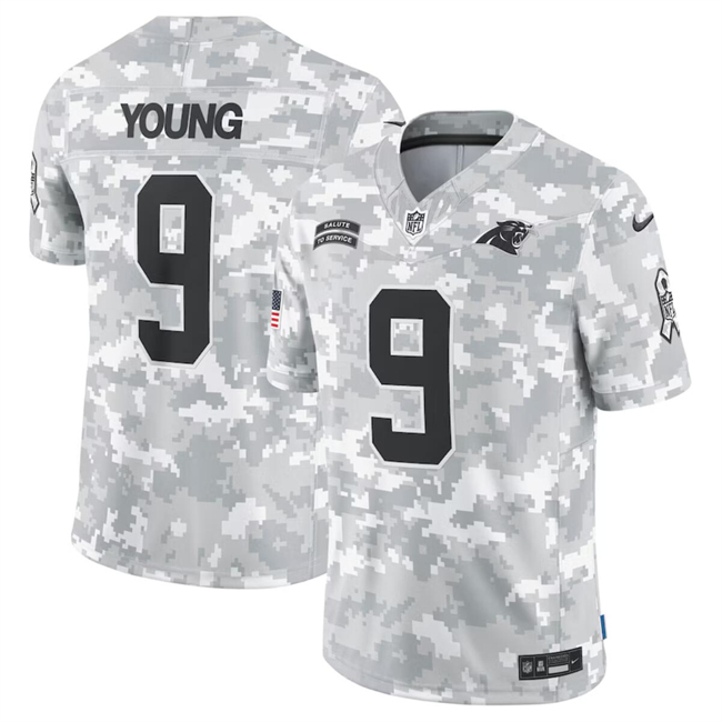 Men's Carolina Panthers #9 Bryce Young 2024 Arctic Camo Salute To Service Limited Stitched Football Jersey