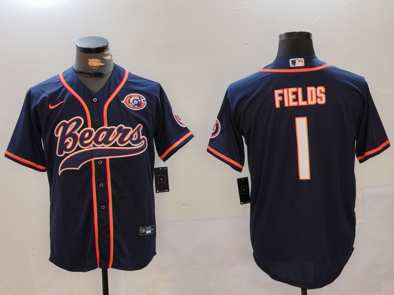 Men's Chicago Bears #1 Justin Fields Navy Throwback With Patch Cool Base Stitched Baseball Jersey